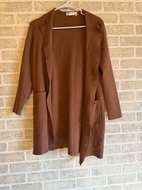 Cloth By Design Open-Front Long Cardigan Sweater in Chocolate Brown